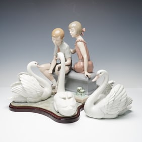 4pc Lladro Figurines with Base, At the Pond & Swan with Wings Spread