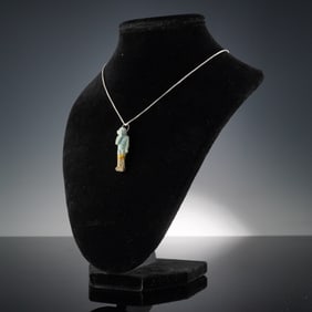 Egyptian Green Faience Amulet of Harpokrates on Sterling Silver Necklace