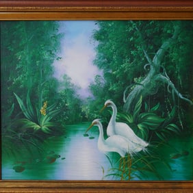 Patrick, Oil on Canvas Painting, Egrets in Florida Wetland, Signed