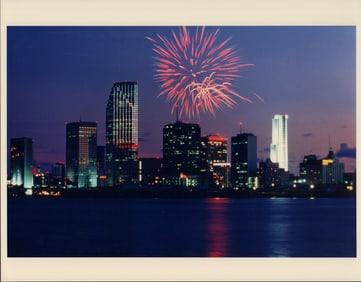Ira Victor, Color Photograph, Miami Skyline with Fireworks, Miami, 1987