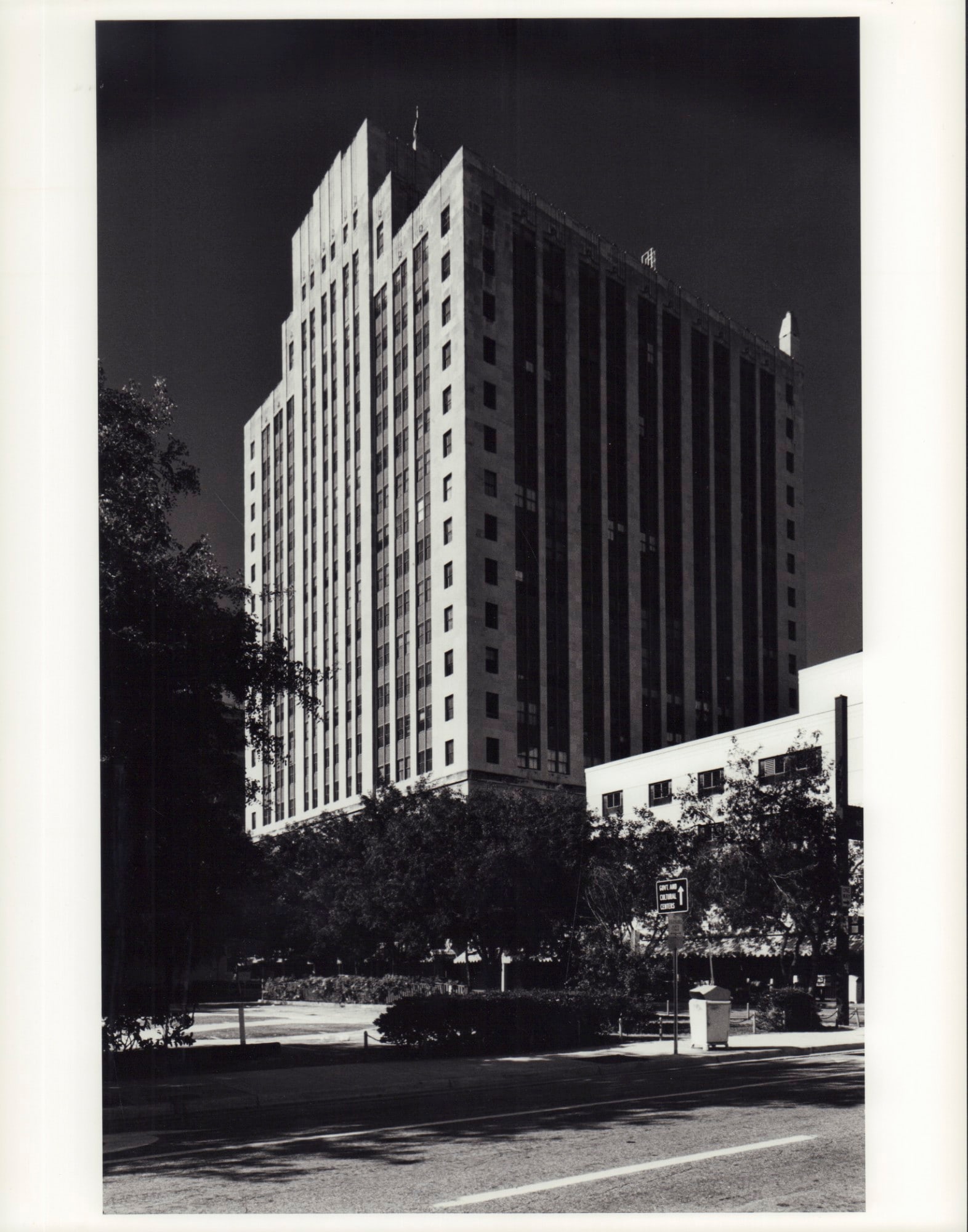 Silver Print Photograph, 1980s Art Deco Building Miami: The photographer of this silver print has captured the quintessential clean geometric lines and stepped elevation of Art Deco buildings in Miami, Florida in a highly detailed and sharp definition. Hou