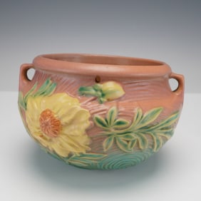 Roseville Pottery Pink Hanging Jardiniere, Peony