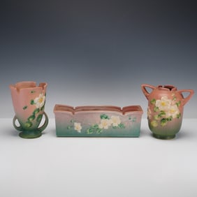 3pc Roseville Pottery Planter, Jardiniere & Vases, White Rose
