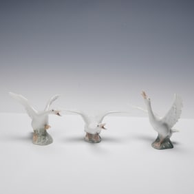 3pc Lladro Porcelain Duck Figurines, Running, Jumping, and Flying