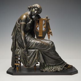 After Eugene Laurent Bronze Classical Maiden with Harp Sculpture
