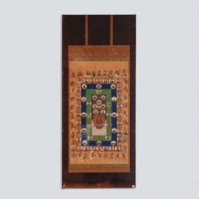19th Century Tibetan Thangka w/ Buddha & Deities, Tempera on Silk & Cotton