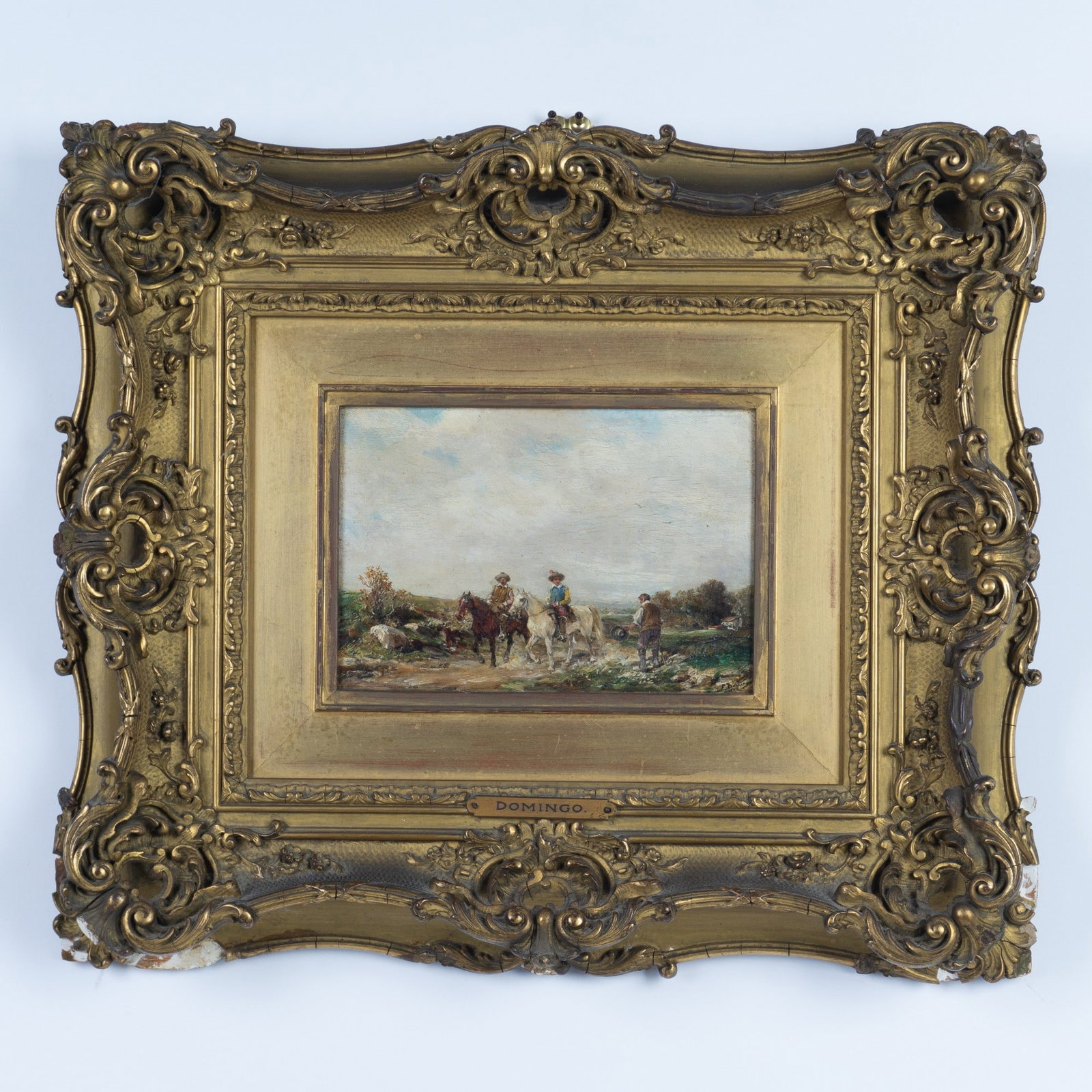 Francisco Domingo, Antique Miniature Oil on Board, Signed: Original miniature oil on board by 19th century Spanish artist Francisco Domingo y Marques who studied at the Royal Academies of San Carlo and of San Fernando, in Rome, and in Paris. Domingo paints a 