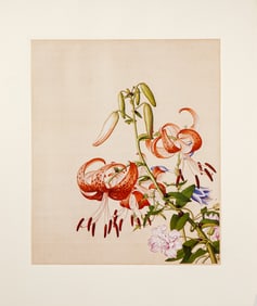 After Lang Shining, Original Color Print on Silk Paper, Lily and Peony