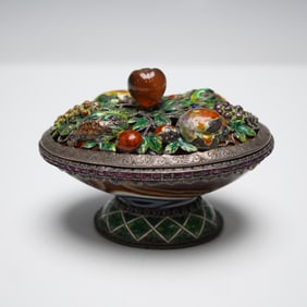 Antique 19th C Austrian Solid Silver, Enamel & Agate Lidded Dish