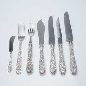 7pc S. Kirk & Son Sterling Silver & Stainless Steel Repousse Flatware