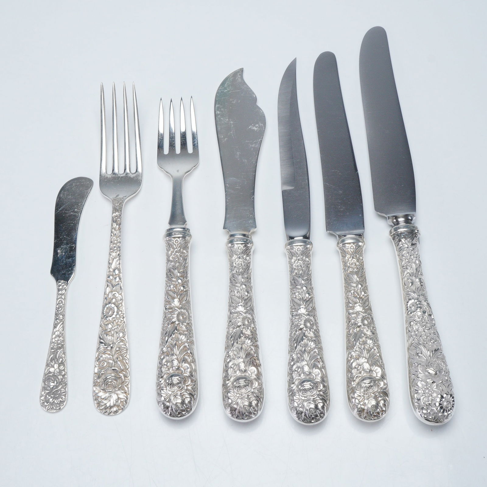 7pc S. Kirk & Son Sterling Silver Repousse Flatware, Forks & Knives (1 of 3)