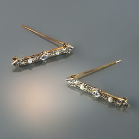 2pc 14k Gold Art Deco Sapphire and Pearl Filigree Bar Pins