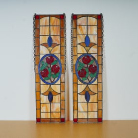 Pair of Stained Glass Rose Panels with Amber and Cobalt Accents