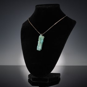 Egyptian Green Faience Amulet of Duamutef on Sterling Silver Necklace
