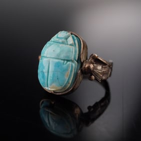 Egyptian Faience Scarab Silver Swivel Ring