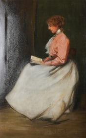 Original Oil on Canvas, Woman Reading in Profile, Signed Nichols