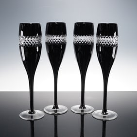 4pc John Rocha for Waterford Crystal Fluted Champagne Glasses, Black Cut
