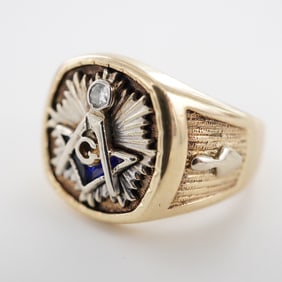 10K Gold Diamond and Blue Stone Masonic Ring