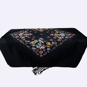 Victorian Hand Embroidered Silk Piano Shawl