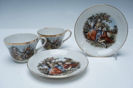 Pair of Occupied Japan Porcelain Cups and Saucers, Rococo Scene