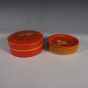 9pc ISCO Occupied Japan Hand-Painted Lacquer Coasters with Box