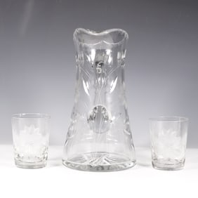 3pc Vintage Glass Floral Etched Jug and Cups