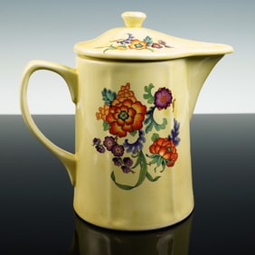 Vintage Yellow Glazed Ceramic Coffee Pot with Polychrome Floral Motif