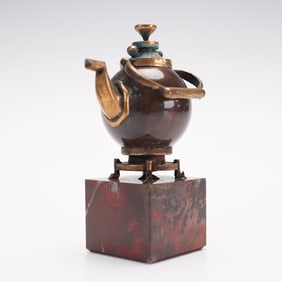 Miniature Stone and Brass Teapot Sculpture