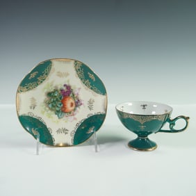 2pc Royal Halsey Very Fine Green and Gilt Fruit Motif Teacup and Saucer