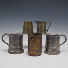 5pc Assorted Metal Mugs, Creamer, and Cup