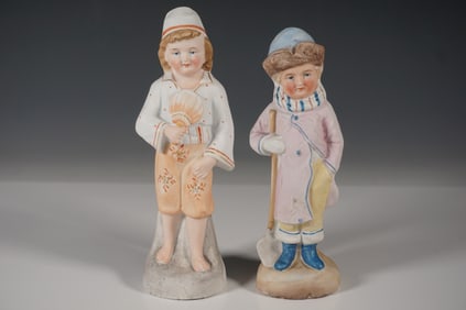 2pc Bisque Porcelain Figurines, Seasonal Boys