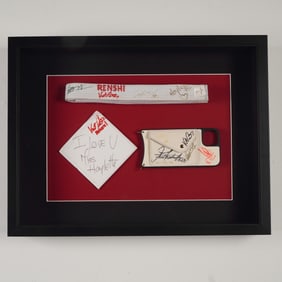 Framed Martial Arts Memorabilia Display - Signed Belt, Phone Case & Note