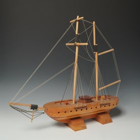 Wood Model Sailing Ship, Two-Mast Display with Base