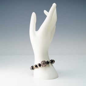 Black And Beige Beaded Stretch Bracelet With Silver-Tone Accents