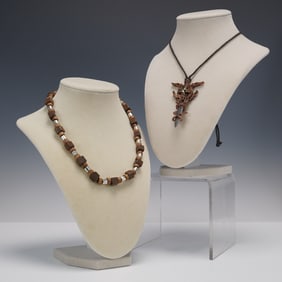 2pc Men's Tribal-Inspired Wood and Fantasy Pendant Necklaces