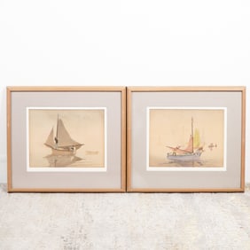 2pc Nautical Watercolors, Sailboats at Sea