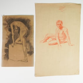 2pc Nude Figure Sketches on Laid and Toned Paper