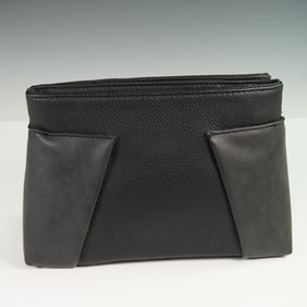 Black Faux Leather Double-Zip Clutch Bag with Striped Lining