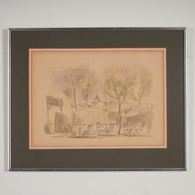 Eduardo Vicente, Color Lithograph on Paper, Outdoor Cafe Scene