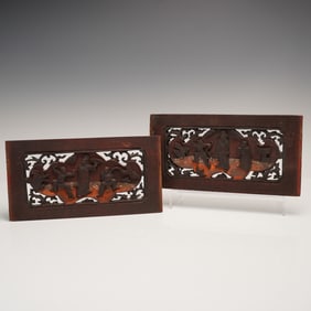 2pc Carved Wood Figural Panels with Relief Decoration