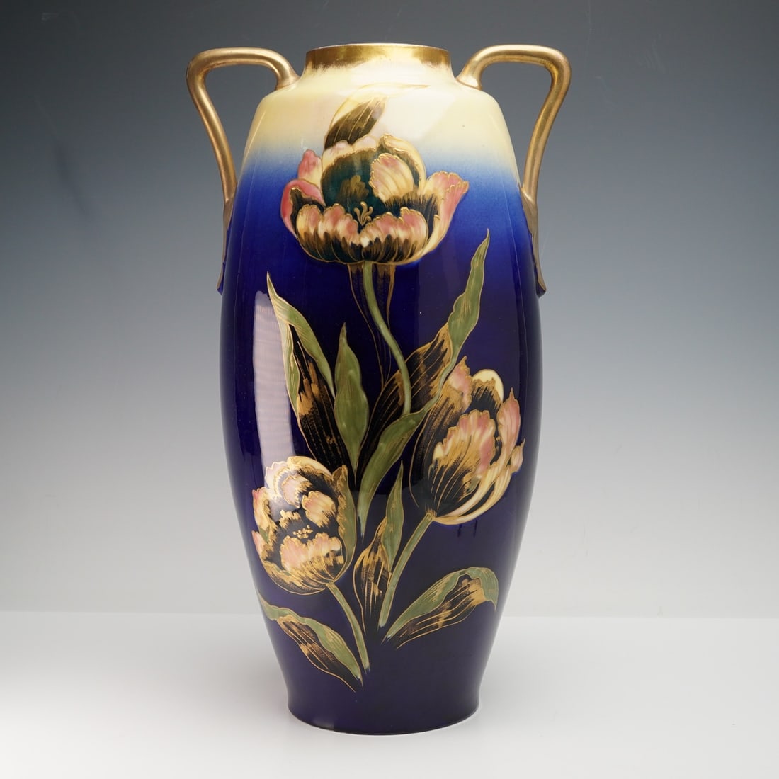 Antique Carlsbad Austria Vase, Parrot Tulips Cobalt Blue (1 of 4)