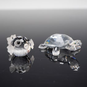 2pc Swarovski Crystal Figurines, Mini Blowfish and Turtle