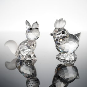 2pc Swarovski Silver Crystal Figurines, Hen and Mini Fox Sitting