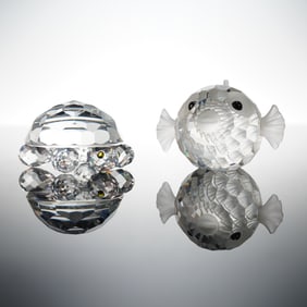 2pc Swarovski Silver Crystal Figurines, Tortoise and Blowfish