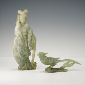 2pc Chinese Carved Jade Lady and Bird Figurines