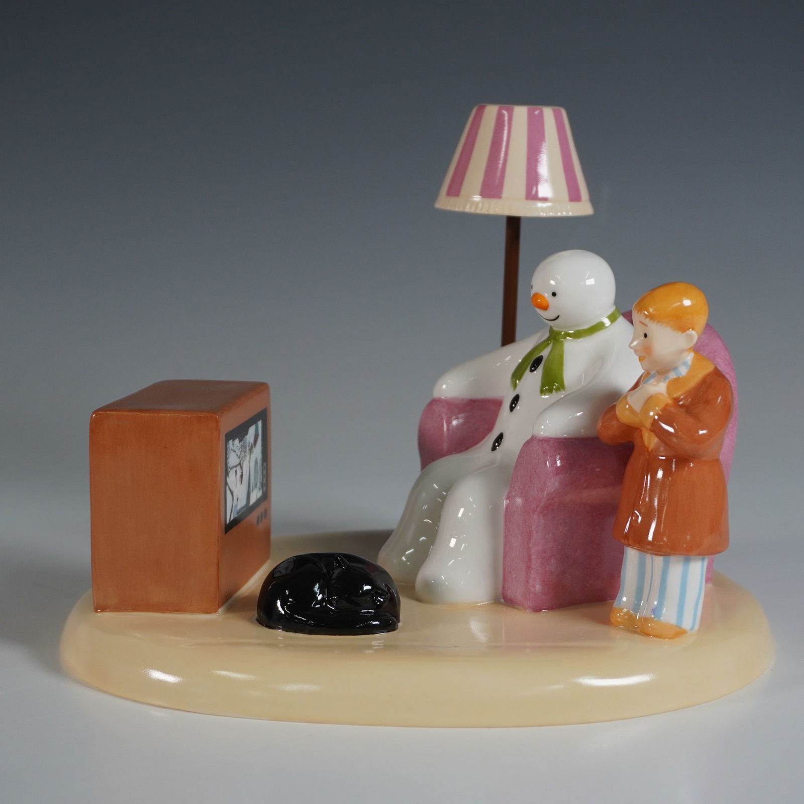Coalport The Snowman "A Cold Night In" Figurine: A limited edition porcelain figurine from The Snowman series, titled "A Cold Night In." This charming vignette captures the Snowman and a young boy watching television together, accompanied by a cozy