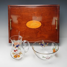 4pc Inlaid Wood Tray with Glass Bowl & Pitcher with Stirrer