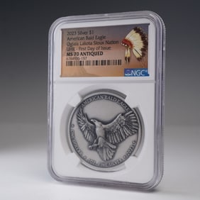 2023 Oglala Lakota Sioux Bald Eagle Dollar Coin NGC Graded MS 70 ANTIQUED