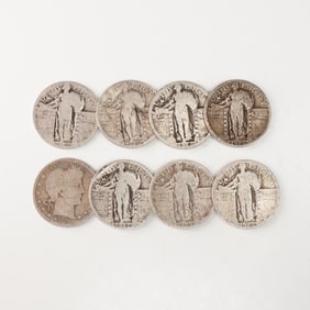 8pc 1909 Barber Quarter & 1925 to 1929 Standing Liberty Quarters