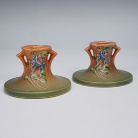 Pair of Roseville Pottery Candleholders, Columbine